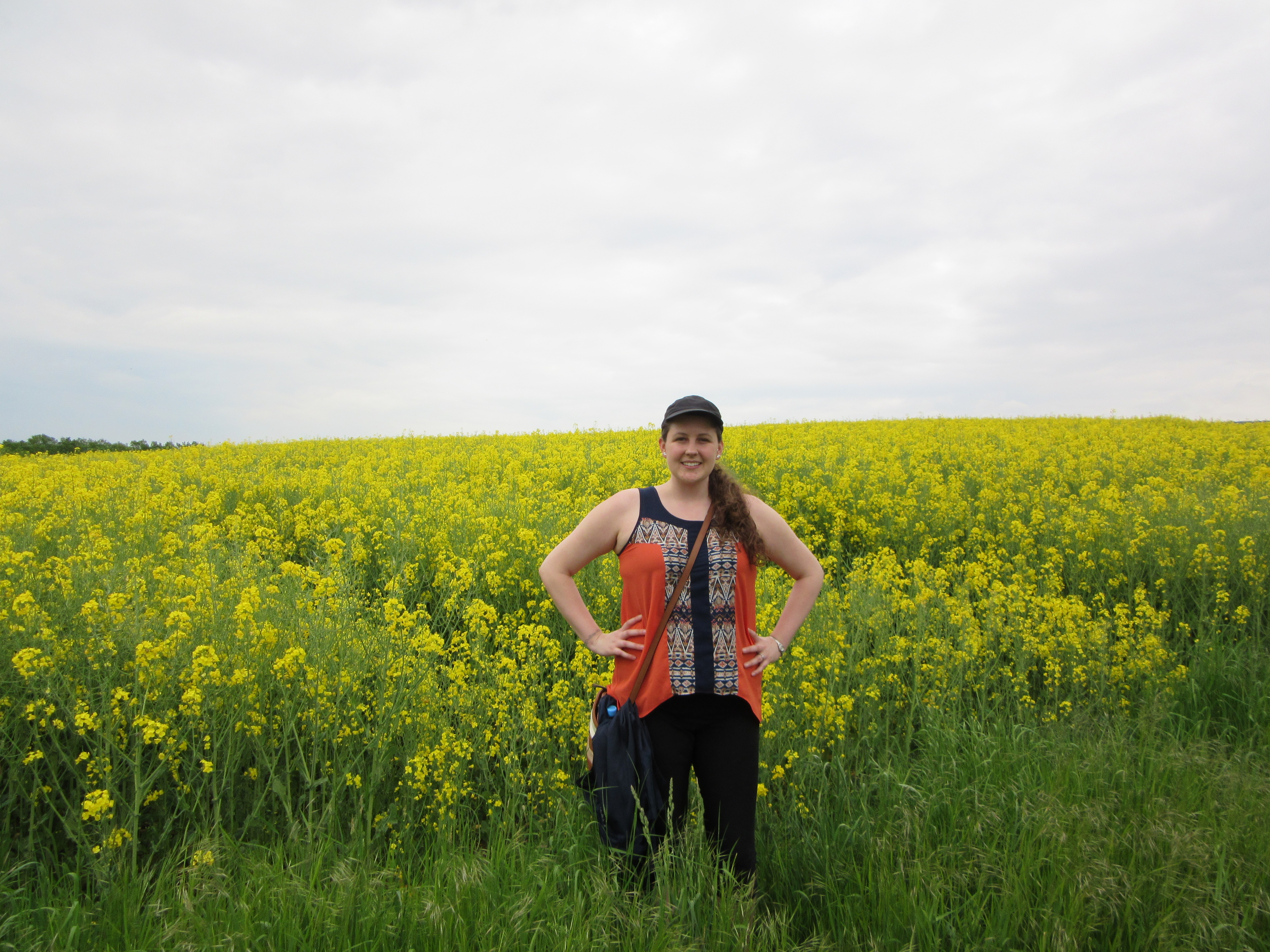 Me in front of a field of yellow flowers (rapeseed) in Germany.
