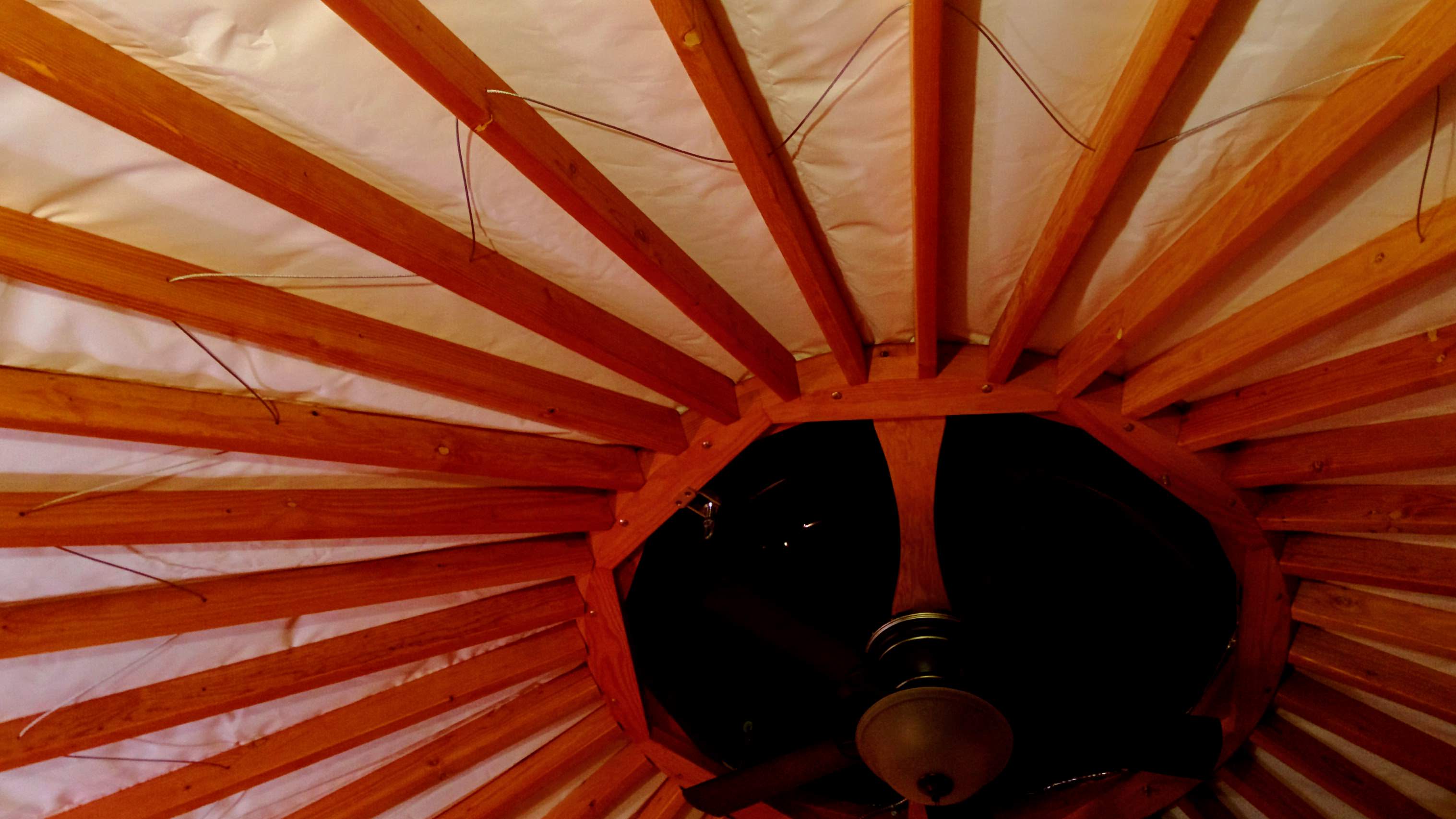 Looking up at the dome inside our yurt. | Glamping NC.