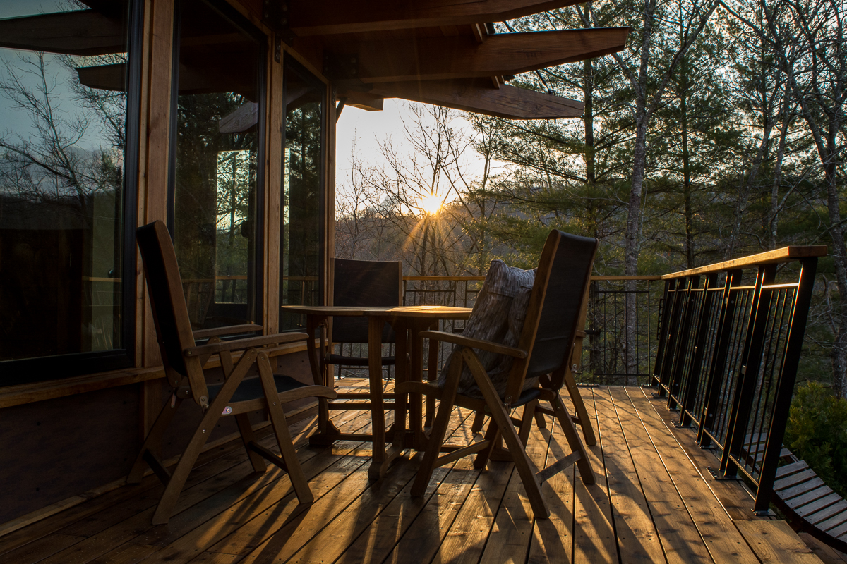 Sunrise on the patio. | The Stecoah House - a Luxury Cabin Rental in North Carolina.