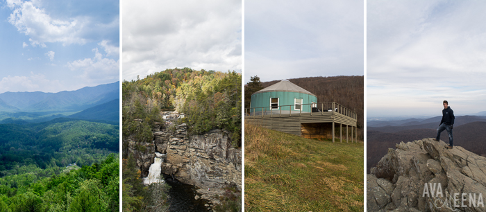 Left to right: driving on the beautiful Blue Ridge Parkway, seeing Linville Falls from across the Gorge, staying at a luxury yurt, and hiking Humpback Rock (Virginia).